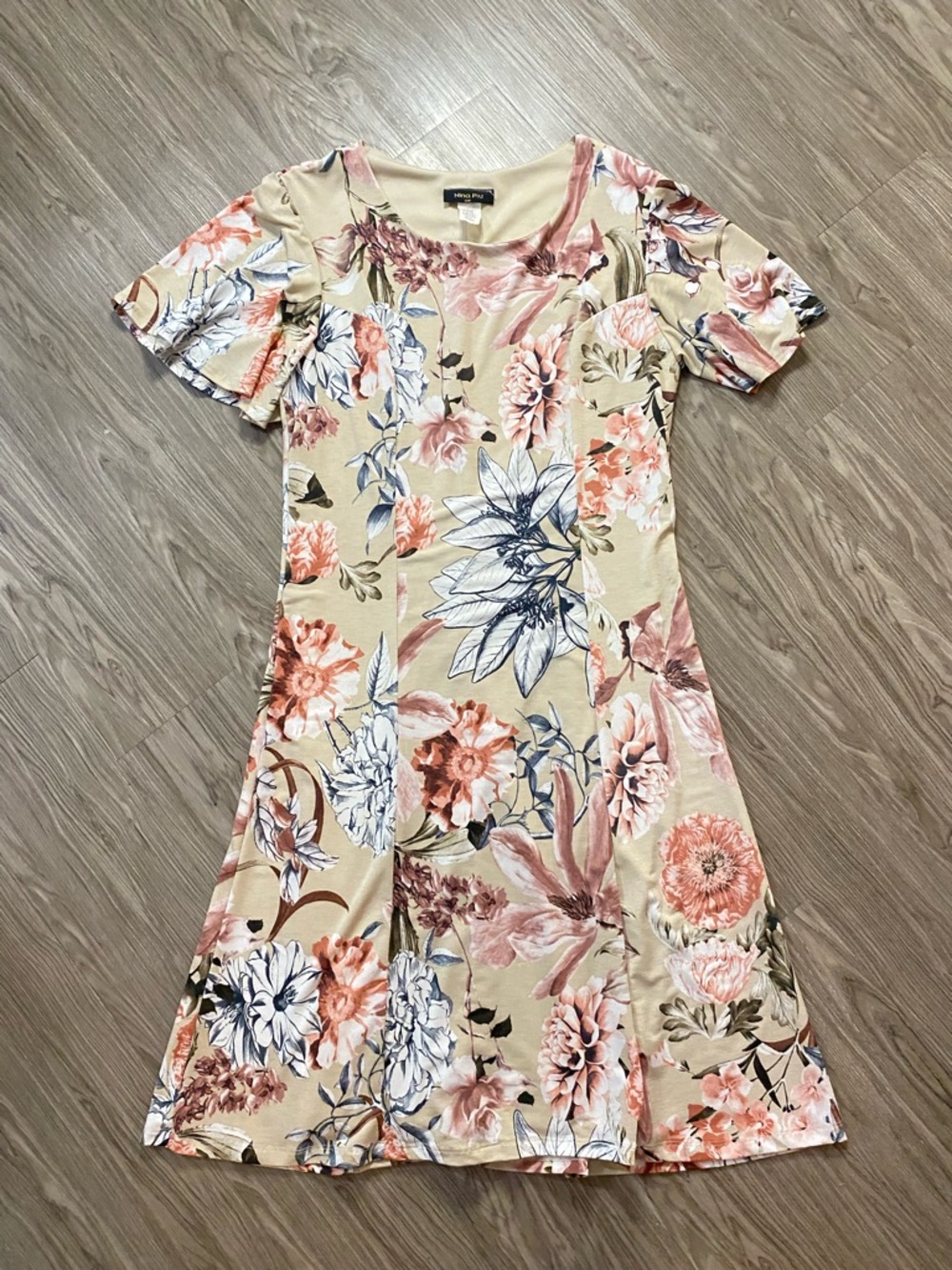 Nina Piu Floral Dress Beige Pink Flutter Sleeve Midi Shift Dress Feminine Size L